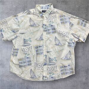 Roundtree & Yorke Vintage Sailboat AOP Button Down Cream Blue Shirt Men's 3X